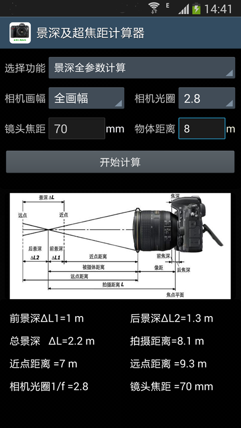 景深与超焦距计算器截图1